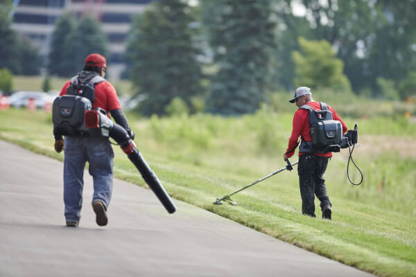 A person removing leaves with a leaf blower