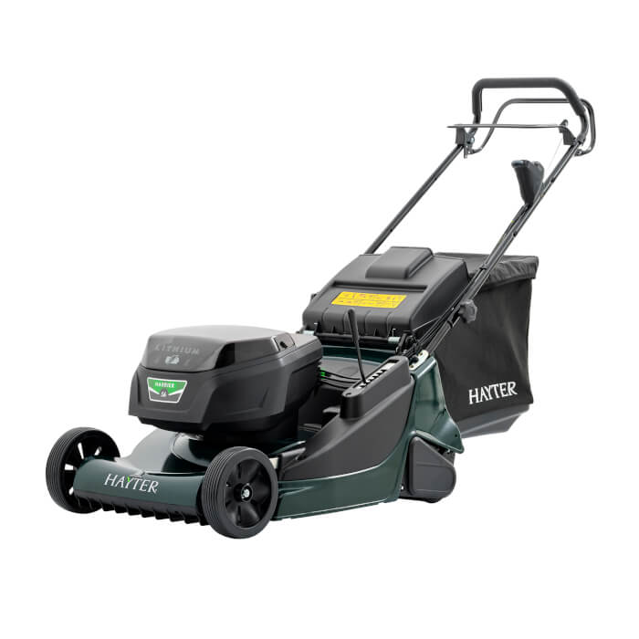 New Hayter Harrier 56 60V cordless lawnmower with rear roller and battery compartment