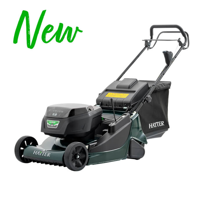 New Hayter Harrier 56 60V cordless lawnmower with rear roller and battery compartment