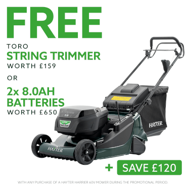 New Hayter Harrier 56 60V cordless lawnmower with rear roller and battery compartment