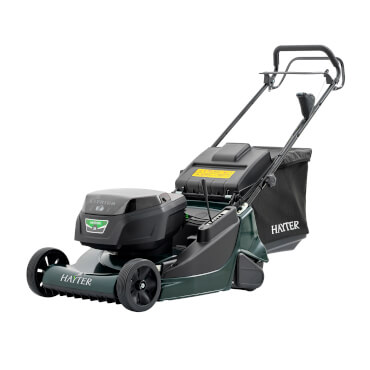 New Hayter Harrier 56 60V cordless lawnmower with rear roller and battery compartment