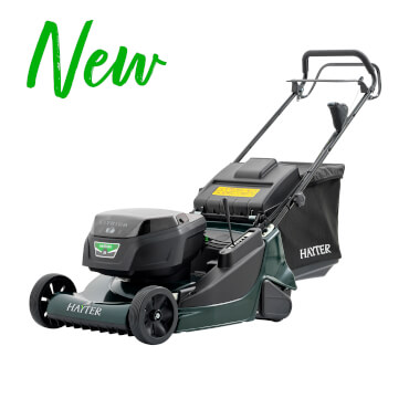 New Hayter Harrier 56 60V cordless lawnmower with rear roller and battery compartment