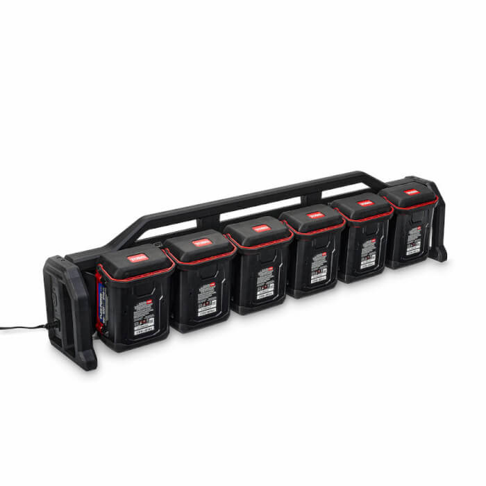 Studio image of 60V Flex-Force 6-Pod Charger with six Toro batteries installed
