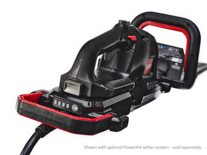 Close-up of the Toro Revolution Hedge Trimmer connected to the Powerlink tether system (sold separately)