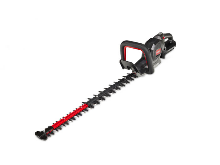 Toro Revolution 60V Hedge Trimmer viewed from left angle, showing full blade and handle