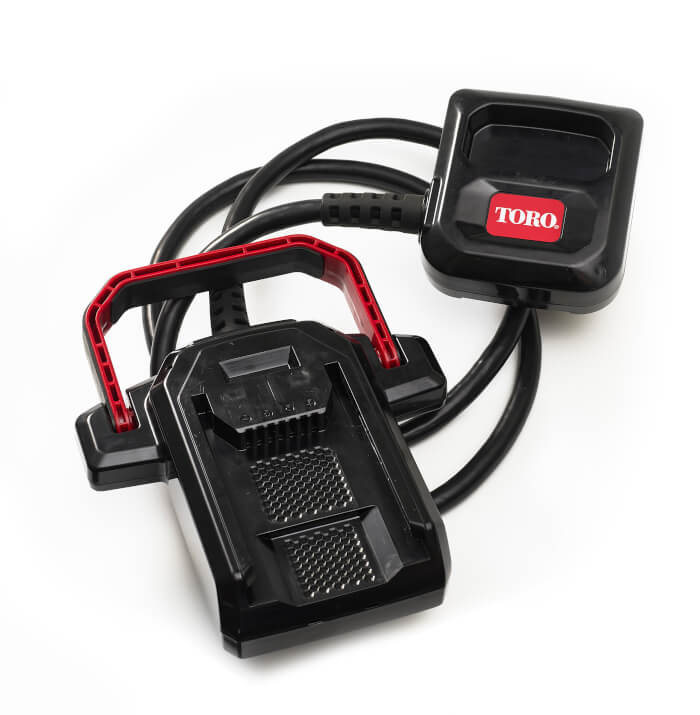 Toro Powerlink Tether Kit front view showing cables, connector cradle, and 60V battery interface