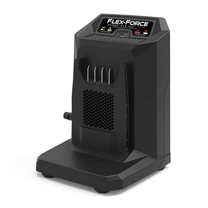 Black Flex-Force Power System 60V 2A battery charger with LED status lights and cooling vents, angled front view