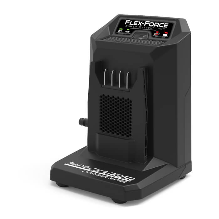 Black Flex-Force 60V Rapid Charger with “Rapid Charger” label on base, LED indicators, and angled front view for charging lithium-ion batteries
