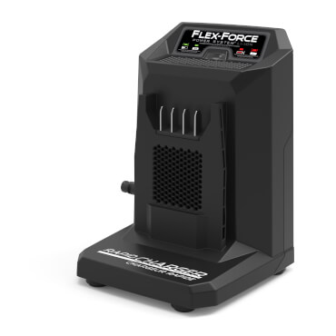 Black Flex-Force 60V Rapid Charger with “Rapid Charger” label on base, LED indicators, and angled front view for charging lithium-ion batteries