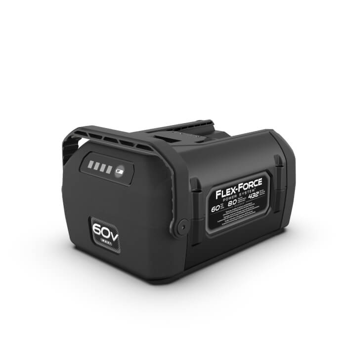 Toro 60V Flex-Force 8.0Ah battery pack with LED charge indicator and rugged casing – angled studio view